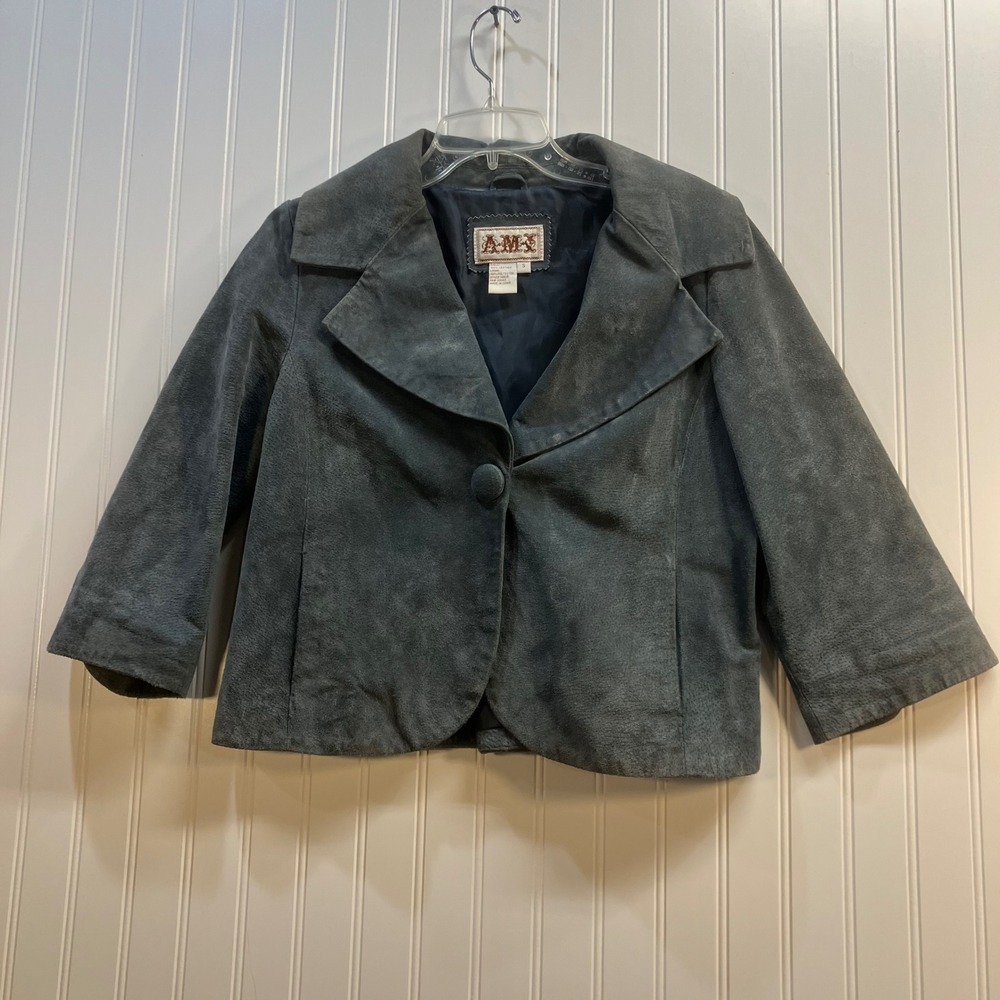 AMI Womens Blue Grey Suede Leather Cropped Jacket 3/4 Sleeve SZ S Dark Academia